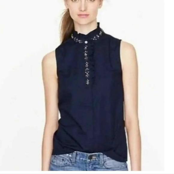 J Crew Navy BlueRuffled Rhinestone Cotton Crystal Sleeveless Blouse Size 00 - Picture 1 of 11
